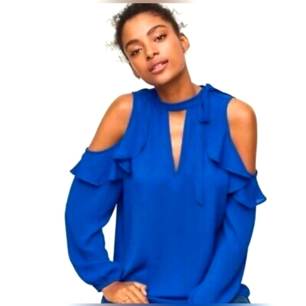 NWOT | Ann Taylor LOFT | Ruffle Cold Shoulder, Long Sleeve Blouse | Small | Blue